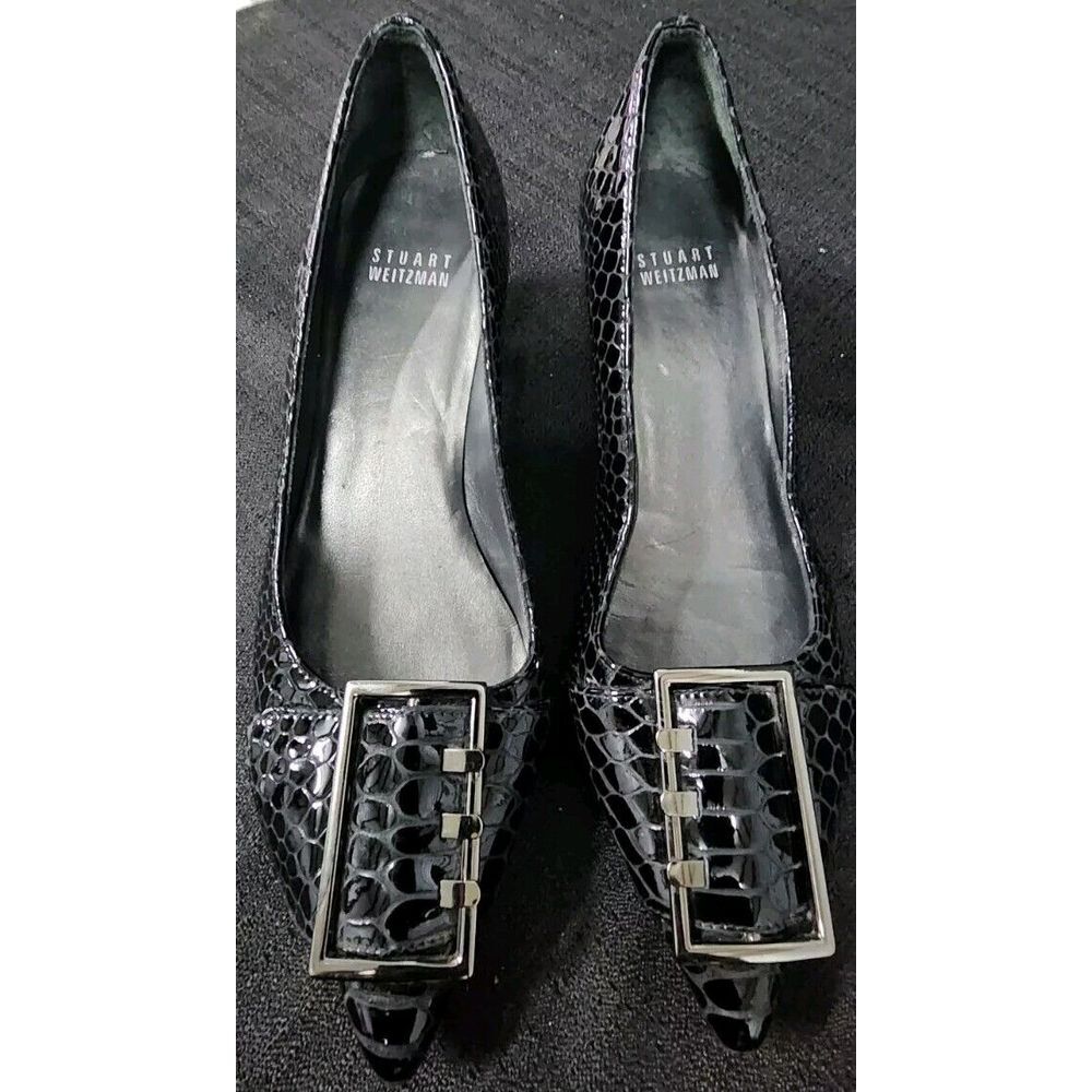 Stuart Weitzman Triplespare Black Snakeskin Kitten Heel 5.5 Leather Sole‎ Spain